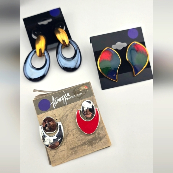 Retro Statement Earring Lot – Enamel, Lucite, Tarazzia Design Clip-Ons (3 Pairs) - Picture 1 of 5